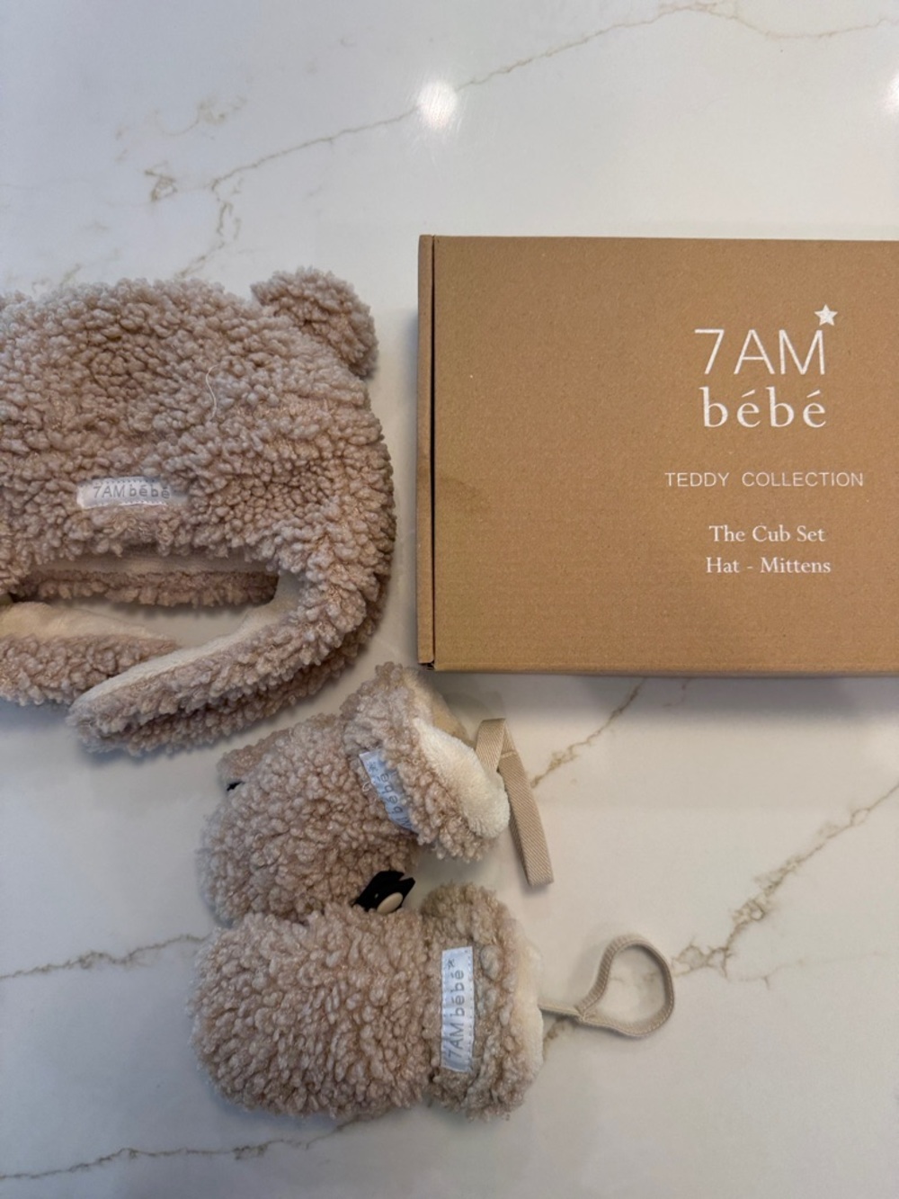7am Bebe - Teddy Cub Hat & Mittens Set in Beige